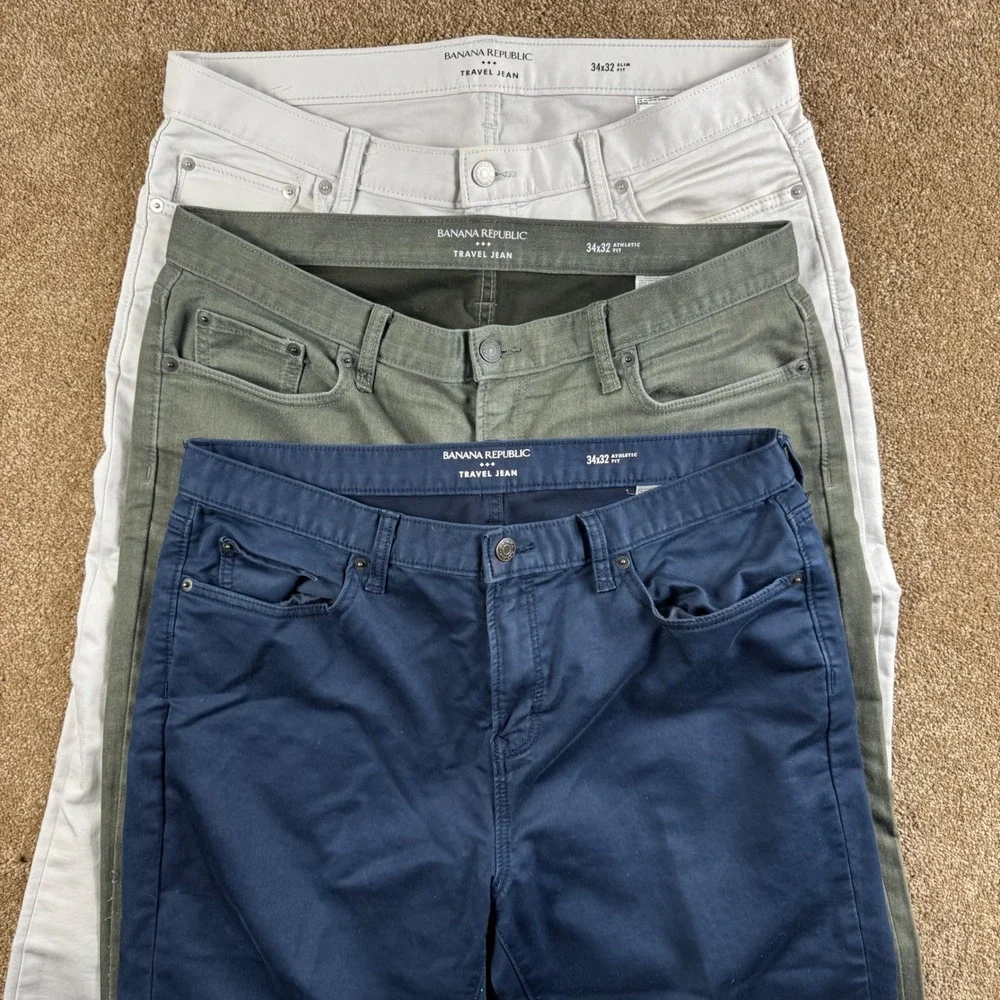 Banana Republic Travel Jean Lot Mens 34x32 Athletic Slim Fit Navy Green Gray 3pk